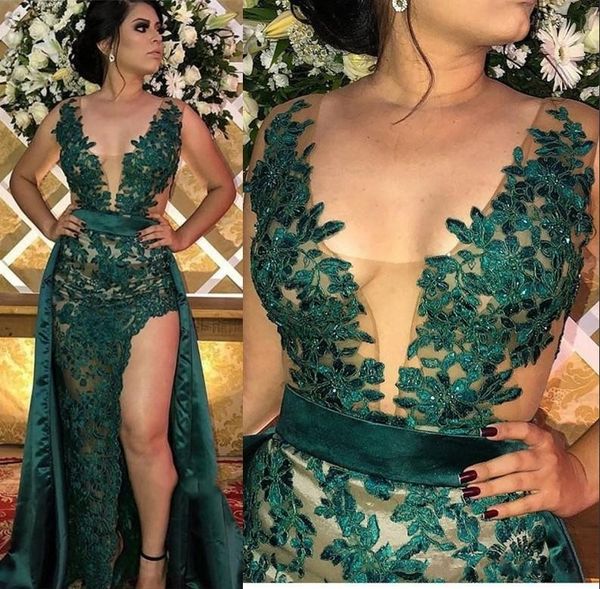 Hunter Green Split Evening Dresses With Detachable Skirt Sheer Illusion Bodice Appliqued Long Arabic Party Gowns Prom Dress Wear
Hunter Green Split Evening Dresses With Detachable Skirt Sheer Illusion Bodice Appliqued Long Arabic Party Gowns Prom Dress Wear