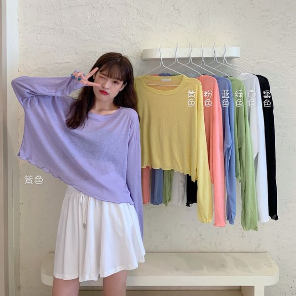 2020 lazy wind thin color candy t-shirt candy loose long sleeve sunscreen t-shirt female, White
2020 lazy wind thin color candy t-shirt candy loose long sleeve sunscreen t-shirt female, White