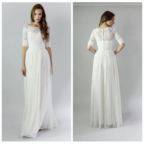 winter jewel neck a line wedding dress with 1/2 sleeve lace applique simple wedding dress with covered button floor length bridal dress, White
winter jewel neck a line wedding dress with 1/2 sleeve lace applique simple wedding dress with covered button floor length bridal dress, White