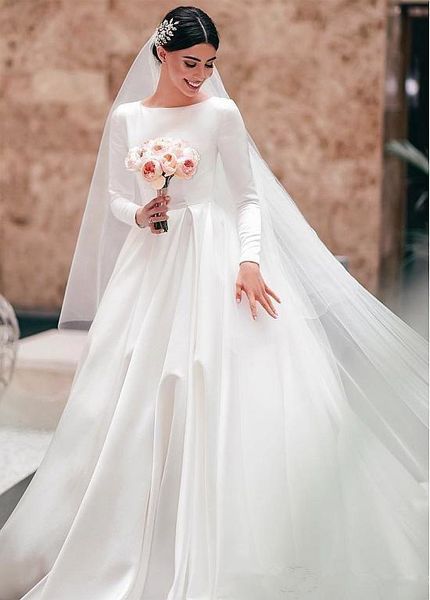 modest long sleeves satin wedding dresses bateau neck sweep train long sleeves plus size country bridal gowns vestidos de noiva, White
modest long sleeves satin wedding dresses bateau neck sweep train long sleeves plus size country bridal gowns vestidos de noiva, White