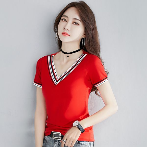 2019 summer wear v-neck short-sleeved t-shirt women's slim slim half-sleeve t-shirt pure cotton red top, White
2019 summer wear v-neck short-sleeved t-shirt women's slim slim half-sleeve t-shirt pure cotton red top, White
