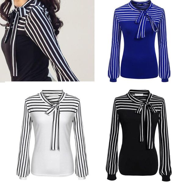 women tie-bow neck striped shirt solid color korean version striped long sleeve splicing shirt ropa mujer, White
women tie-bow neck striped shirt solid color korean version striped long sleeve splicing shirt ropa mujer, White