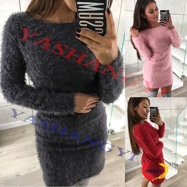 length 2019 medium paragraph long sleeves round collar plush dress, Black;red