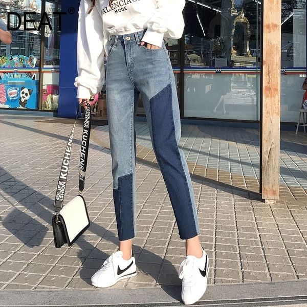 

deat] 2019 autumn fashion trend new pattern women's jeans wild loose high waist spliced panelled straight nine points ai847, Blue
