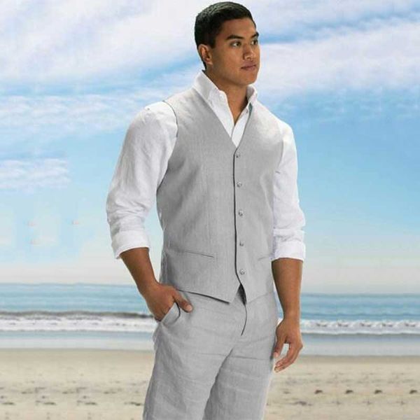 

handsome grey linen men suit vest pants casual slim fit beach summer custom made groom tuxedos male blazer 2piece costume homme mariage