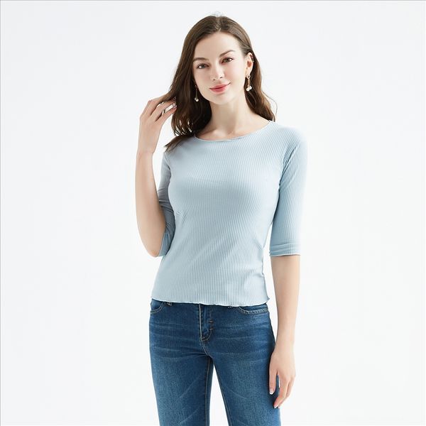 summer and autumn ribbed cotton t-shirt with middle sleeve women's half sleeve five-point wooden ear round collar t-shirt thin base, White
summer and autumn ribbed cotton t-shirt with middle sleeve women's half sleeve five-point wooden ear round collar t-shirt thin base, White