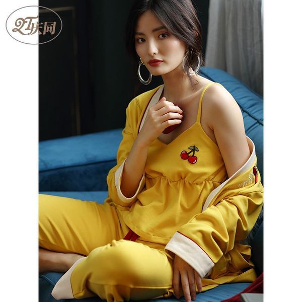 celebrate womens sleepwear womens spring and autumn cotton long sleeve korean version of sweet sling pants three-piece set long home wear-ou, Blue;gray
celebrate womens sleepwear womens spring and autumn cotton long sleeve korean version of sweet sling pants three-piece set long home wear-ou, Blue;gray