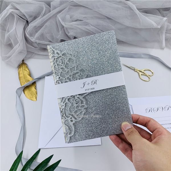 special glitter silver tri-fold laser cut wedding invitations with rsvp card & belly band, laser invites for weddings&event
special glitter silver tri-fold laser cut wedding invitations with rsvp card & belly band, laser invites for weddings&event