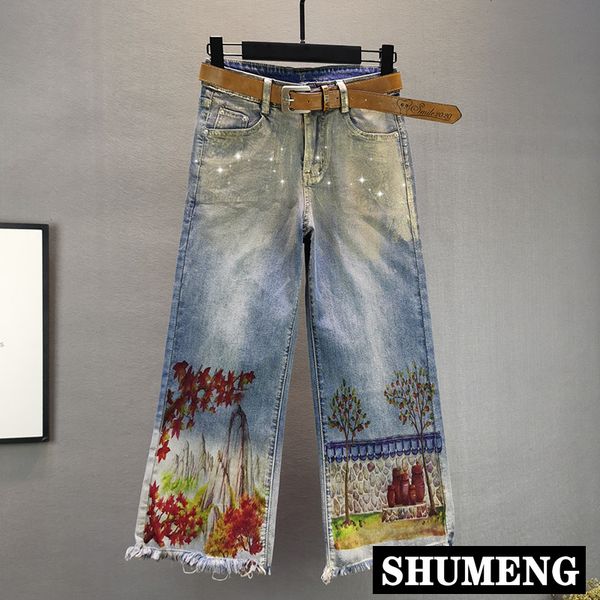 plus size jeans women spring new national style loose denim pants high waist slim bronzing printed burr wide leg trousers jeans, Blue
plus size jeans women spring new national style loose denim pants high waist slim bronzing printed burr wide leg trousers jeans, Blue