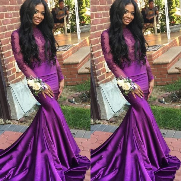 2020 jewel neck purple mermaid prom dresses open back elastic satin sweep train party gowns long sleeve evening dress, Black
2020 jewel neck purple mermaid prom dresses open back elastic satin sweep train party gowns long sleeve evening dress, Black