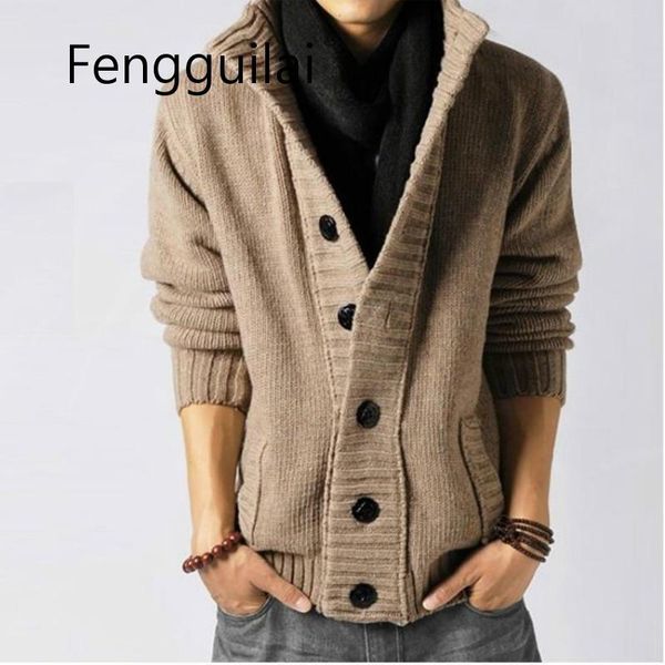 winter men's casual sweater coat turtleneck thick gray knitted cardigan wool long sleeve warm tide pirate buckle classic jacket, White;black