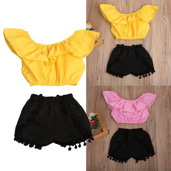 2pcs baby kids girl ruffle off shoulder tank +tassles shorts outfit clothes set yellow pink summer clothing 2-8y, White
2pcs baby kids girl ruffle off shoulder tank +tassles shorts outfit clothes set yellow pink summer clothing 2-8y, White