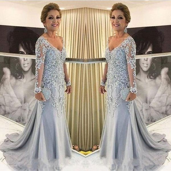 2019 silver mother of the bride dresses v neck sheer long-sleeves mermaid lace appliques bead sweep train long plus size party evening gowns, Black;red
2019 silver mother of the bride dresses v neck sheer long-sleeves mermaid lace appliques bead sweep train long plus size party evening gowns, Black;red