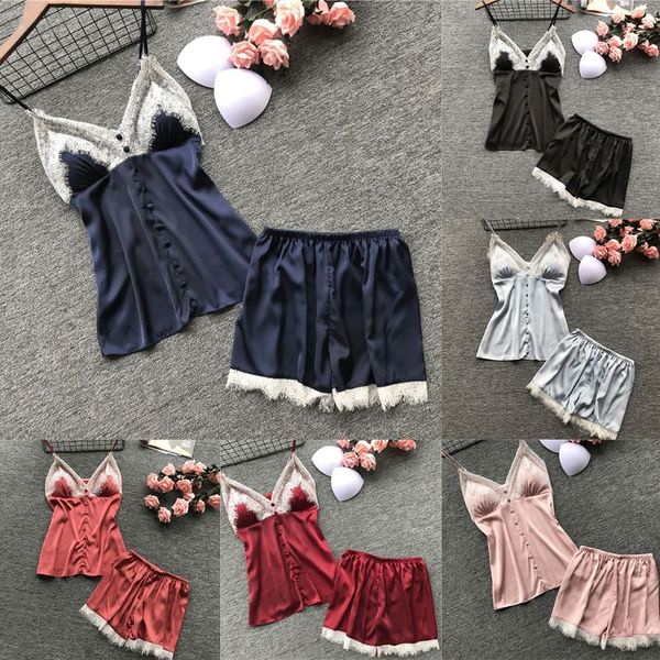 women faux silk pajamas set eyelash floral lace patchwork button front decor deep v-neck camisole tank wide leg loose s, Blue;gray 
women faux silk pajamas set eyelash floral lace patchwork button front decor deep v-neck camisole tank wide leg loose s, Blue;gray