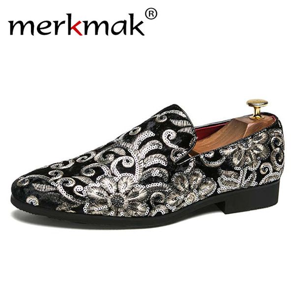 

merkmak flowers pattern loafers men embroidery comfortable casual men dress shoes classic slip on shoes man flats big size 37-48, Black