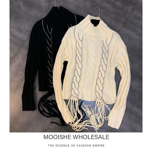 2019 new fall cable sweater women turtleneck tiwst long-sleeved knit sweater twist strip decorative tassels, White;black
2019 new fall cable sweater women turtleneck tiwst long-sleeved knit sweater twist strip decorative tassels, White;black