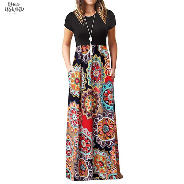 2020 vetement femme womens vestido dress crew neck casual sleeve o neck print maxi tank long dress clothes elbise sundress, Black;gray