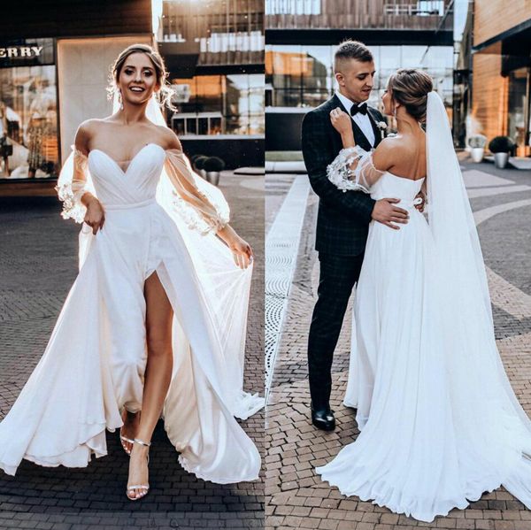 beach a line wedding dresses off shoulder long sleeve appliques birdal gowns side split backless robes, White
beach a line wedding dresses off shoulder long sleeve appliques birdal gowns side split backless robes, White