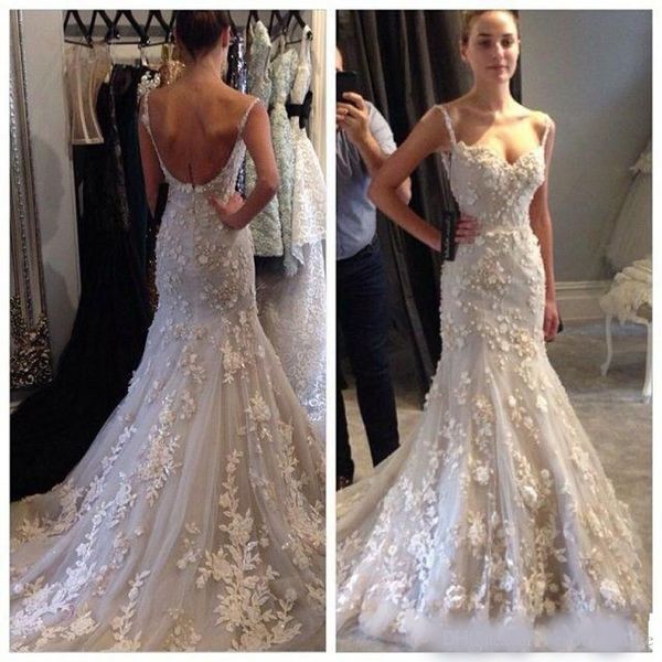fashion spaghetti strap lace mermaid wedding dresses zipper back appliques court train bridal wedding gowns, White
fashion spaghetti strap lace mermaid wedding dresses zipper back appliques court train bridal wedding gowns, White