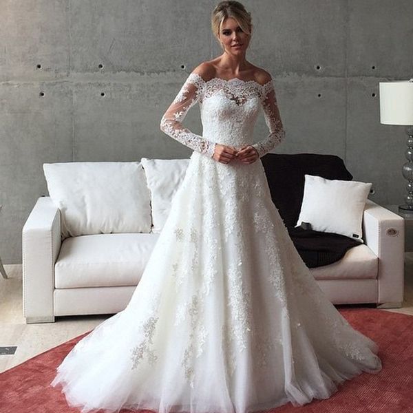 2020 romantic a line wedding dresses boat neck off shoulder wedding gowns lace long sleeve beaded bridal gowns custom made, White
2020 romantic a line wedding dresses boat neck off shoulder wedding gowns lace long sleeve beaded bridal gowns custom made, White