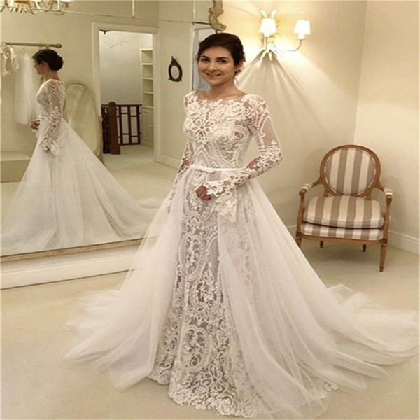 vintage lace wedding dresses overskirts illusion long sleeves wedding dress sweep train lace and tulle bridal gowns with sash, White
vintage lace wedding dresses overskirts illusion long sleeves wedding dress sweep train lace and tulle bridal gowns with sash, White