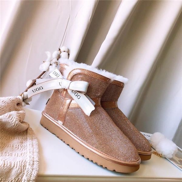 new high-end brand wool ball ribbon short tube snow boots women full diamond sheepskin integrated rhinestone boots 02, Black