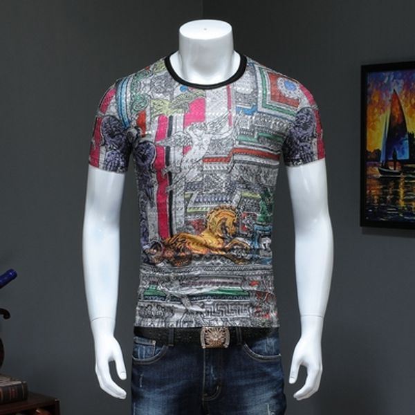 spring and summer new short-sleeved t-shirt round neck men's printing trend korean version of the personality casual bottoming shirt m, White;black
spring and summer new short-sleeved t-shirt round neck men's printing trend korean version of the personality casual bottoming shirt m, White;black