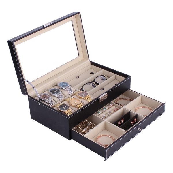 

double layers wooden jewelry watch mixed storage box sunglasses watch earring rings display slot case box container, Black;blue