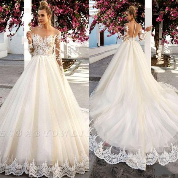 vintage wedding dresses 2019 long sleeves sheer neck illusion button back lace applique modest bridal gowns, White
vintage wedding dresses 2019 long sleeves sheer neck illusion button back lace applique modest bridal gowns, White