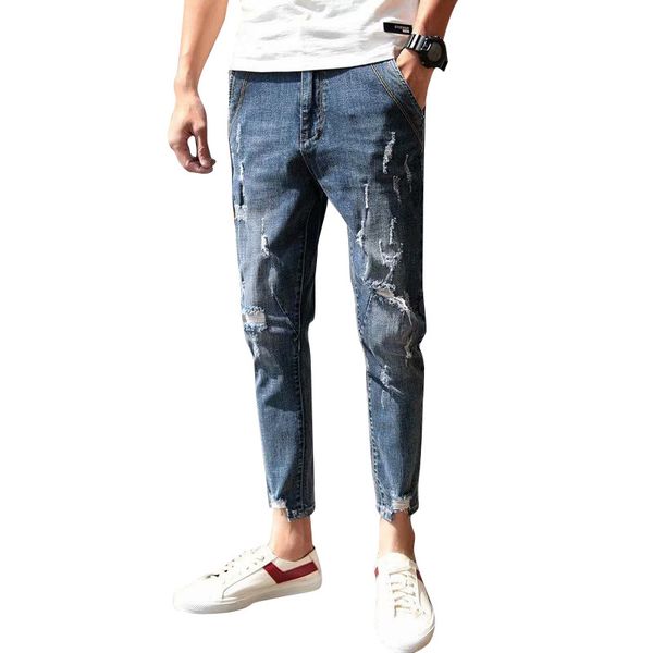 2019 trendy fashion hole jeans men slim fit casual ankle length pencil pants ripped scratched denim trousers skinny 9 pants, Blue
2019 trendy fashion hole jeans men slim fit casual ankle length pencil pants ripped scratched denim trousers skinny 9 pants, Blue