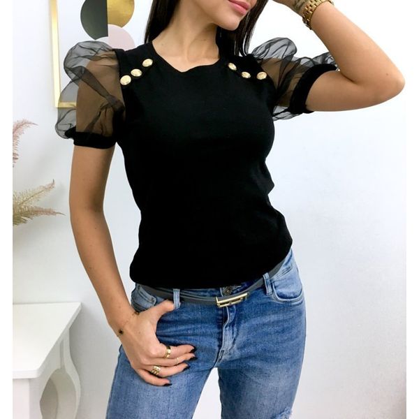 elegant lady casual black t shirt summer mesh transparent short sleeve o-neck metal buttons decor slim tshirt women sj5968v, White
elegant lady casual black t shirt summer mesh transparent short sleeve o-neck metal buttons decor slim tshirt women sj5968v, White