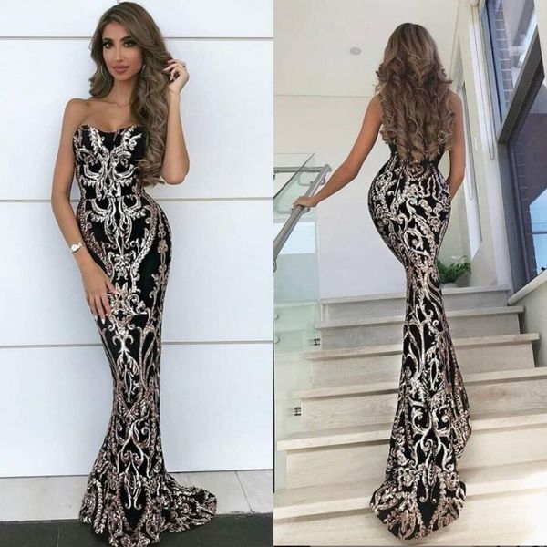 2020 modern sweetheart neck mermaid black prom dresses zipper back floor length satin party gowns with silver sequin appliques
