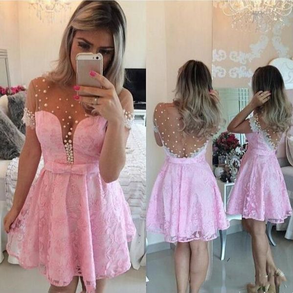 2020 pink lace homecoming cocktail dress pearls short sleeves lace appliques short prom dresses vestido formatura curto, Black
2020 pink lace homecoming cocktail dress pearls short sleeves lace appliques short prom dresses vestido formatura curto, Black