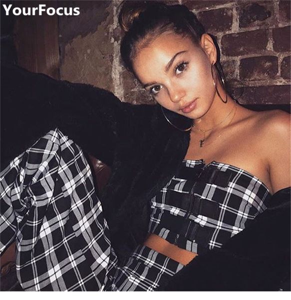 harajuku punk ins i am gia street style strapless crop camis tank casual pants black white plaid women sets yq-600, Gray
harajuku punk ins i am gia street style strapless crop camis tank casual pants black white plaid women sets yq-600, Gray
