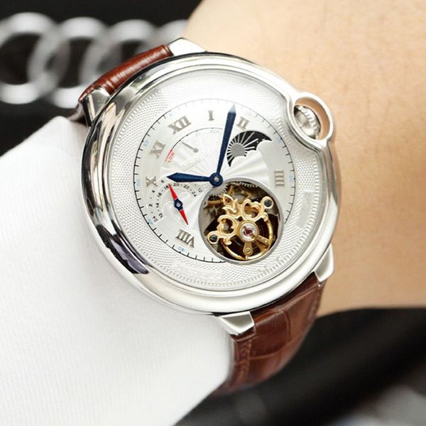 mens watch skeleton tourbillon moon phase automatic mechanical movement 316 steel case elegant design casual leather strap 45mm 12mm x24, Slivery;brown
mens watch skeleton tourbillon moon phase automatic mechanical movement 316 steel case elegant design casual leather strap 45mm 12mm x24, Slivery;brown