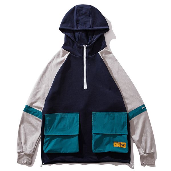 big pockets patchwork pullover high street sweatshirt contrast color couple cargo zipper half men hooded back drawstring, Black
big pockets patchwork pullover high street sweatshirt contrast color couple cargo zipper half men hooded back drawstring, Black