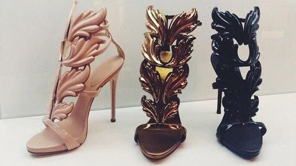 women suede cruel summer pumps polished golden metal leaf winged gladiator sandals high heels shoes with original box, Black
women suede cruel summer pumps polished golden metal leaf winged gladiator sandals high heels shoes with original box, Black