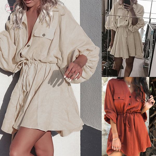 2020 casual women shirt dress vintage lantern sleeve cotton linen short dress lace up ball gown button mini dress vestidos, Black;gray
2020 casual women shirt dress vintage lantern sleeve cotton linen short dress lace up ball gown button mini dress vestidos, Black;gray