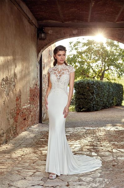 high neck mermaid country wedding dresses 2019 new style selling court train cap sleeve chiffon bridal gowns vestidos de novia w709, White 
high neck mermaid country wedding dresses 2019 new style selling court train cap sleeve chiffon bridal gowns vestidos de novia w709, White