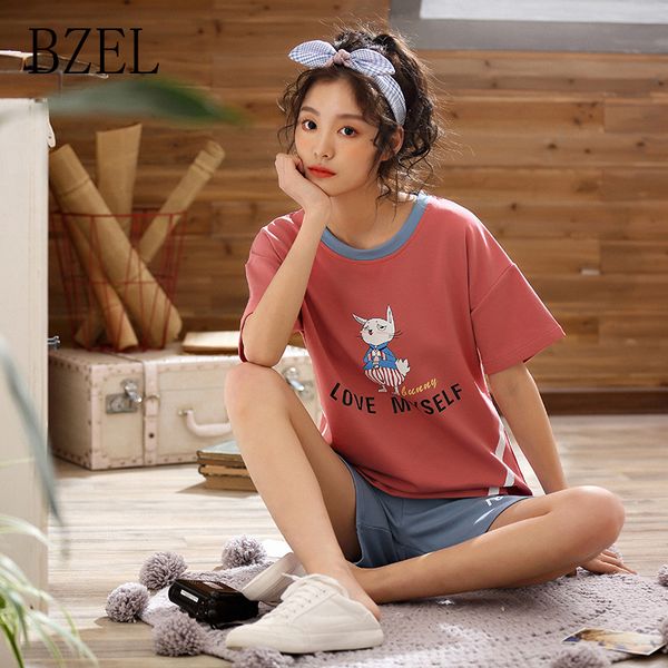 

bzel women pajama set short sleeve o-neck shirts female sleepwear cotton nightwear cat printed cute girls pyjamas pijama feminio, Blue;gray