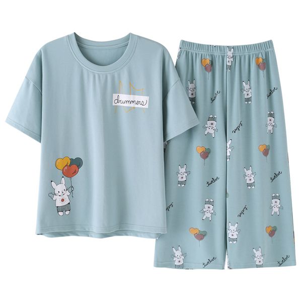 new summer cotton pajamas set women sweet cartoon short-sleeve t-shirt+cropped trousers two-piece suit fashion home clothing, Blue;gray
new summer cotton pajamas set women sweet cartoon short-sleeve t-shirt+cropped trousers two-piece suit fashion home clothing, Blue;gray