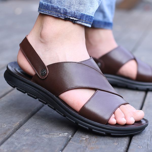sandals summer men genuine leather shoes beach flat cow male black sandal 2021