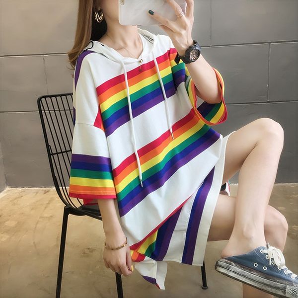 rainbow striped short-sleeved t-shirt loose midi hooded student large size women's 95 t-shirt hoodie cotton 5 spandex, White
rainbow striped short-sleeved t-shirt loose midi hooded student large size women's 95 t-shirt hoodie cotton 5 spandex, White