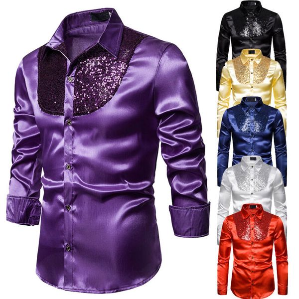 men satin shiny turn down collar shirt casual single breasted shirt sequin male slim solid shirts, White;black
men satin shiny turn down collar shirt casual single breasted shirt sequin male slim solid shirts, White;black