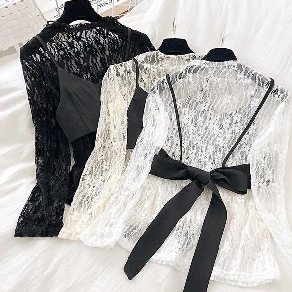 korean hollow out crochet stand collar long sleeve lace shirt + sleeveless lace-up bow vest two-piece set women's blouses, White
korean hollow out crochet stand collar long sleeve lace shirt + sleeveless lace-up bow vest two-piece set women's blouses, White