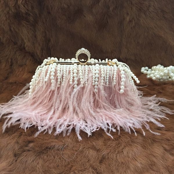 

luxury real ostrich feathers handbag pearl tassel evening bags women's pouch purse pink green diamond clutch party messenger bag