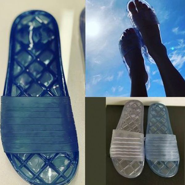 designer Transparent Women Slippers blue Black 19p Glossy Transparent Pool Mules Slides PVC Women Sandals flat Slippers for Ladies
