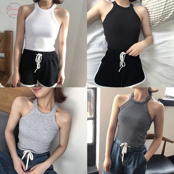 2019 women summer sleeveless halter round neck tank vintage striped thread ribbed knitted camisole sports tight slim vest, White
2019 women summer sleeveless halter round neck tank vintage striped thread ribbed knitted camisole sports tight slim vest, White