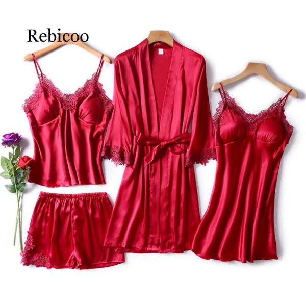 4 piece pajamas set women faux silk dressing gown lace sling shorts summer robe sleepwear with chest pads, Black;red
4 piece pajamas set women faux silk dressing gown lace sling shorts summer robe sleepwear with chest pads, Black;red