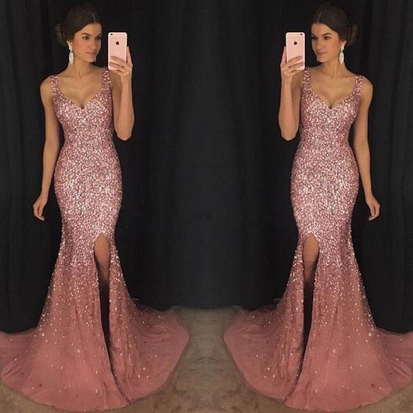 2020 crystal mermaid long prom party dresses spaghetti straps side split tulle sweep train evening gowns plus size, Black
2020 crystal mermaid long prom party dresses spaghetti straps side split tulle sweep train evening gowns plus size, Black